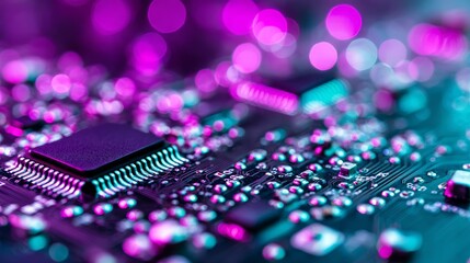 Poster - circuit board technology close up - detailed close-up of a circuit board with vibrant purple and tea