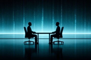 Poster - Deal: Business Negotiation Silhouette - Two silhouetted figures sit across a table, negotiating against a backdrop of flowing code, symbolizing technology, communication, strategy, partnership