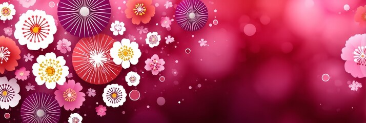 Poster - Festive Floral Banner Design - Vibrant pink and red paper flowers on a blurred background, perfect for celebrations or spring themes