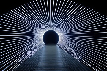 Poster - Illuminated Path to Mystery - A captivating of a pathway lit by radiating lines of light, leading to a dark circular opening. Mysterious and intriguing