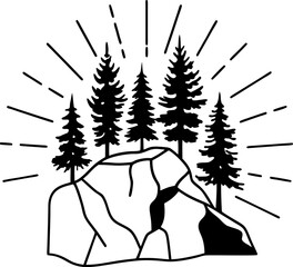 Naklejka na meble Pine trees and rock formation with radiant lines illustration