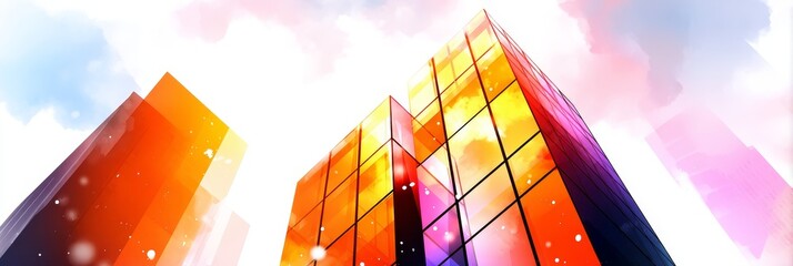 Poster - Modern 3D Glass Building Design - Futuristic architecture, vibrant colors, urban landscape, glass skyscraper, innovative design. Symbolizing progress, ambition, technology, modernity, and growth