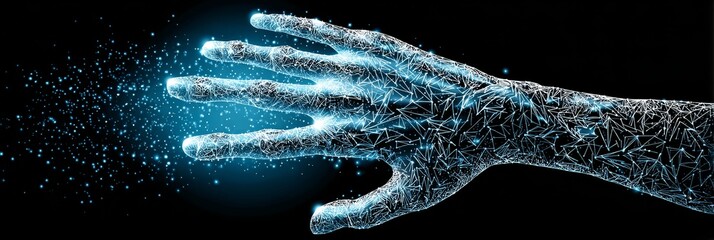 Poster - Reaching for the Future - A hand, in a futuristic, polygonal , reaches out, symbolizing innovation, connection, technology, progress, and the future