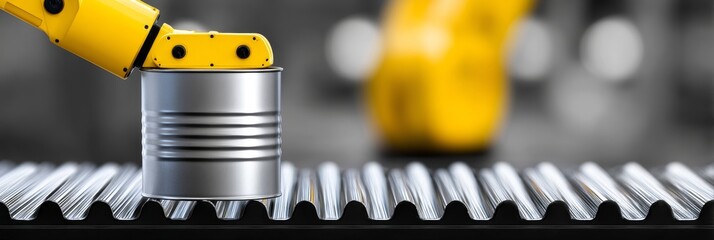 Poster - robotic arm handling metal can on conveyor belt - a yellow robotic arm precisely places a metal can 