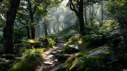 Poster - Sunlight in euopean forest with hiking trail