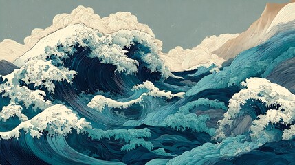 Aufkleber - Japanese illustration of great ocean waves as wallpaper