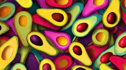 Leinwandbilder - Vibrant and abstract avocado pattern with fresh and colorful sliced avocados, perfect for banners and wallpapers, trendy exotic touch to any design, ideal for diet, vegan, or healthy lifestyles