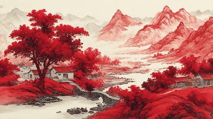 Aufkleber - Traditional painting chinese ink red landscape, painting of hills, trees on a textured paper, old asian, japanese design, 4k drawing, beautiful artwork