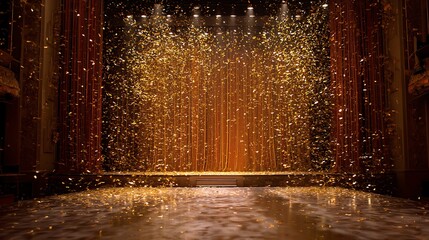 Poster - Golden confetti shower cascading onto a festive stage, illuminated by a central light beam, mockup for events such as award ceremonies, jubilees, new year, s parties, or product presentations
