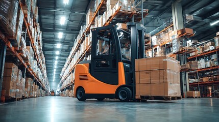 Poster - Interior of warehouse dock load cargo electric forklift pallet jack with large shipment goods pallet, creative banner, copyspace image