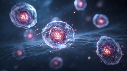 Poster - A microscopic view of cells with pink and orange nuclei floating in a dark blue liquid environment