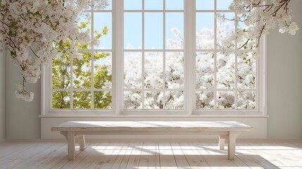 Poster - White wood table with large spring window and copy space