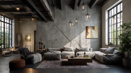 Aufkleber - Industrial and loft living room interior with concrete wall, sand brown sofa, modern armchair, simple black coffee table, sand brown, books and personal accessories