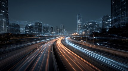 Leinwandbilder - Smart digital city with high speed light trail of cars of digital data transfer