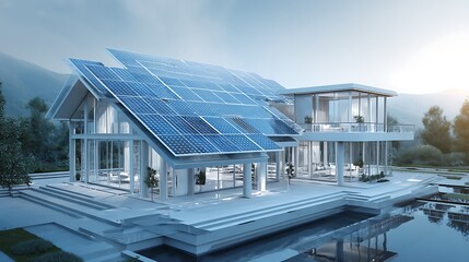 Aufkleber - Futuristic generic smart home with solar panels rooftop system for renewable energy concepts as wide banner with copyspace area -