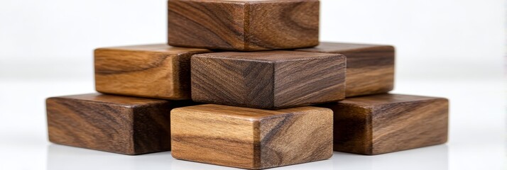 Poster - Stacked Walnut Wood Blocks - A close-up shot of eight polished walnut wood blocks stacked in a pyramid shape on a white background