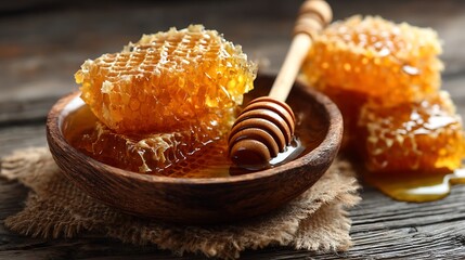 Poster - Honey in honeycombs top view fresh honey in honeycombs lies in a bowl on a wooden table close up on a summer sunny day organic honey production beekeeping as natural traditional agriculture