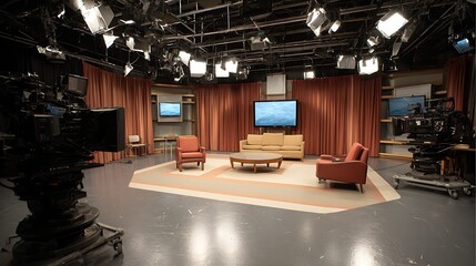 Poster - Closeup view of a concept for the interior design of a podcast, radio or television studio with microphone and, on air, sign