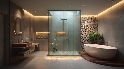 Aufkleber - Modern interior of bathroom with a shower area and bathtub