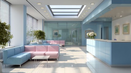 Poster - Hospital waiting room with reception counter at medical facility