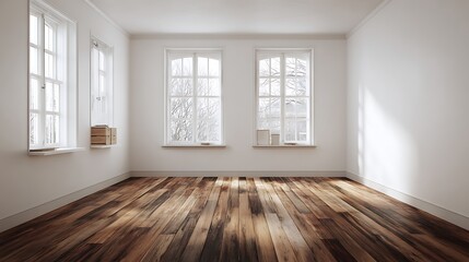 Poster - Mockup of an empty living room with a white painted wall and a brown old wooden floor, can be applied to interior design