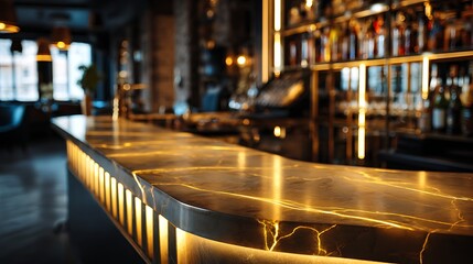 Fototapete - Selective focus of contemporary bar counter or nightclub in luxury and elegant style, for background interior design, drinking concepts ideas