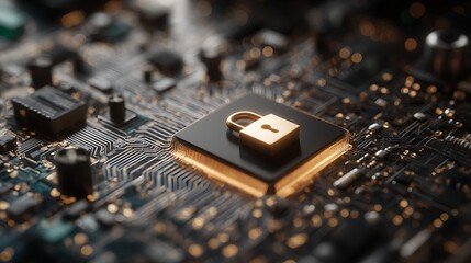 Fototapete - Secure connection or cybersecurity service concept of compute motherboard closeup and safety lock with login and connecting verified credentials as wide banner design -