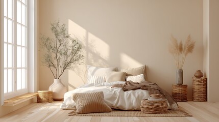 Poster - Minimalist beige boho bedroom with empty whate wall for mockups, wooden double bed with pillows, cozy furniture, room interior with copyspace