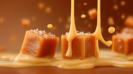 Poster - Tasty caramel candies with sauce background, sweet texture
