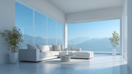 Poster - Modern minimal clean clear contemporary living room home interior design daylight background, beige white sofa couch in living room daylight from window freshness moment mock up interior
