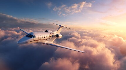 Poster - Luxury private jet flying above the clouds, beautiful sunset on background, travel and airplane concept
