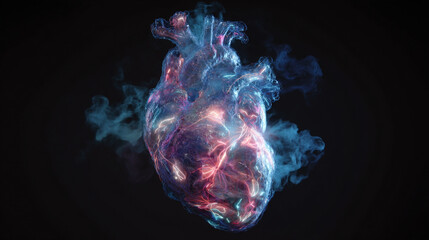 Poster - Glowing heart with blue and pink neon lights surrounded by smoke against a black background design