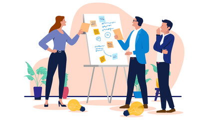 Poster - People working on flip-chart  - Business team or group brainstorming in workshop using scribbles and sticky notes working on project and solving problems together. Flat design vector illustration