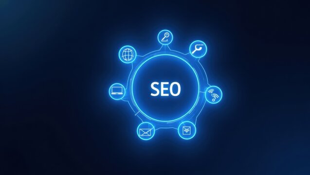 Digital seo graphic with interconnected elements.