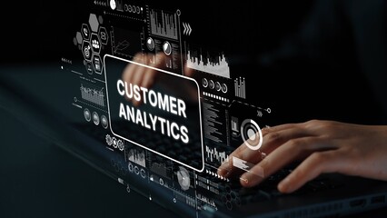 Poster - hands typing on laptop with customer analytics displayed on screen, showcasing digital data visualiz