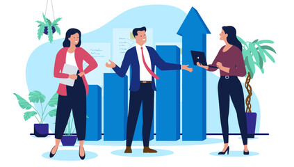 Aufkleber - Business having success - Team or group of successful businesspeople  standing in front of diagram chart with arrow pointing up towards growth and achievement. Flat design vector illustration