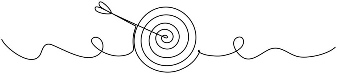 Poster - Continuous line drawing of target with arrow. Hand drawn linear goal circle. Business strategy concept. Vector illustration isolated on white.