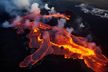 Wall Mural - Volcano eruption from a bird view. Volcano crater and magma flow shot from above. Genertated AI.