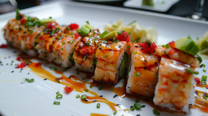 Poster - Delicious sushi roll with crab, avocado and sauce served on a white plate in a modern restaurant setting