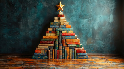 Poster - Stack of colorful books arranged in the shape of a Christmas tree with a star on top set against a textured blue wall