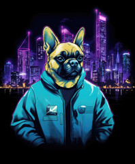 Poster - dog with a retrowave style, set against a city backdrop with neon lights. It could be used for music blogs, retro-themed websites, or artistic showcases.
