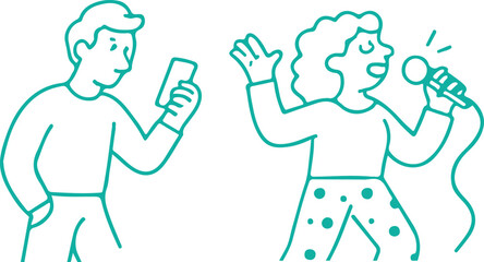 Poster - Woman singing, a man using andriod mobile clip art vector logo design template and graphic elements for advertising; branding; posters and banners; funny cartoon illustrations with smiling character.