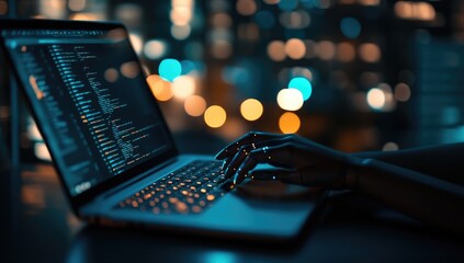 Hands typing on a laptop at night with code on screen