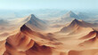 © ASY-STUDIO - Aerial view of arid landscape. Peaks rise from sandy terrain under a hazy sky in shades of beige and blue