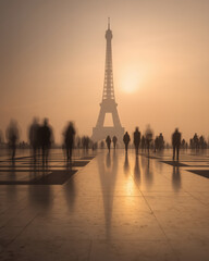  Ghostly silhouettes drift through a golden morning haze as the Eiffel Tower rises majestically against the soft glow of the Parisian sunrise
