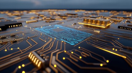 Poster - Close-up view of a high-tech circuit board showcases intricate designs and glowing elements, emphasizing the blue circuitry against a dark background during a digital setting