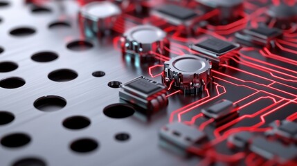 Poster - A detailed view of a circuit board features shining metal components and illuminated red pathways. The intricate design highlights advanced technology and innovative engineering