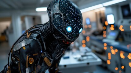 Poster - A humanoid robot with glowing eyes examines an intricate control panel in a dimly lit laboratory. The environment is filled with advanced gadgets and screens