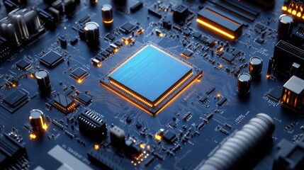 Poster - A detailed close-up of a circuit board reveals a central processor with glowing edges. Various electronic components are scattered around, showcasing advanced technology