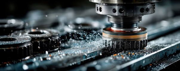 Poster - Close-up of industrial CNC machine tool on metallic gears in operation